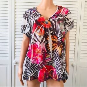UNITY WORLD WEAR White Multicolor Zebra Print V-Neck Ruffle Blouse Size 1X
